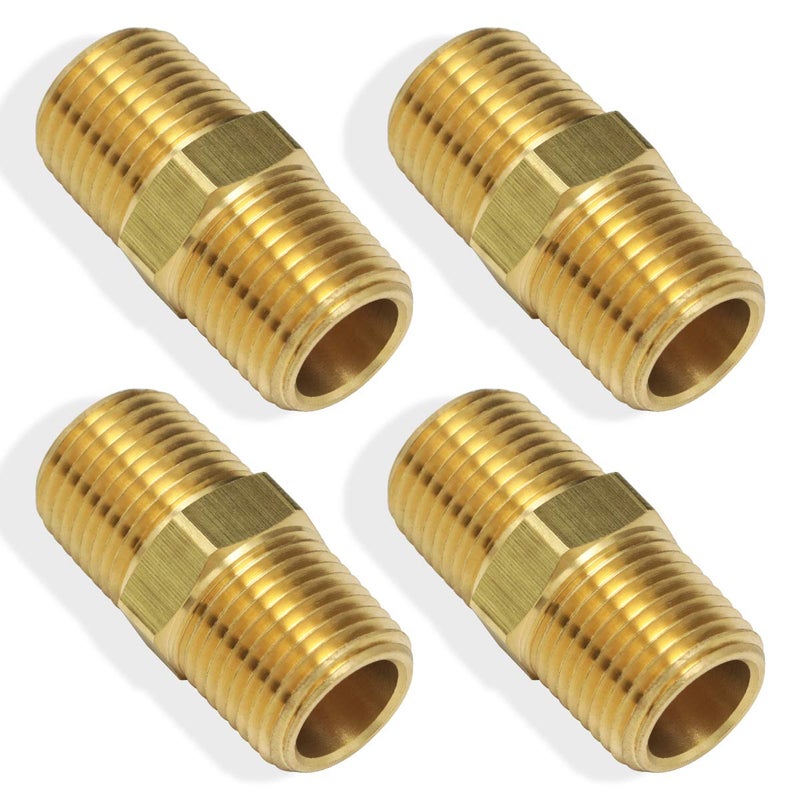 boeray 4pcs 1/4"x1/4" Brass Pipe Hose Fitting with NPT Male Thread Straight Hex Nipple Fast Coupler - Image 1